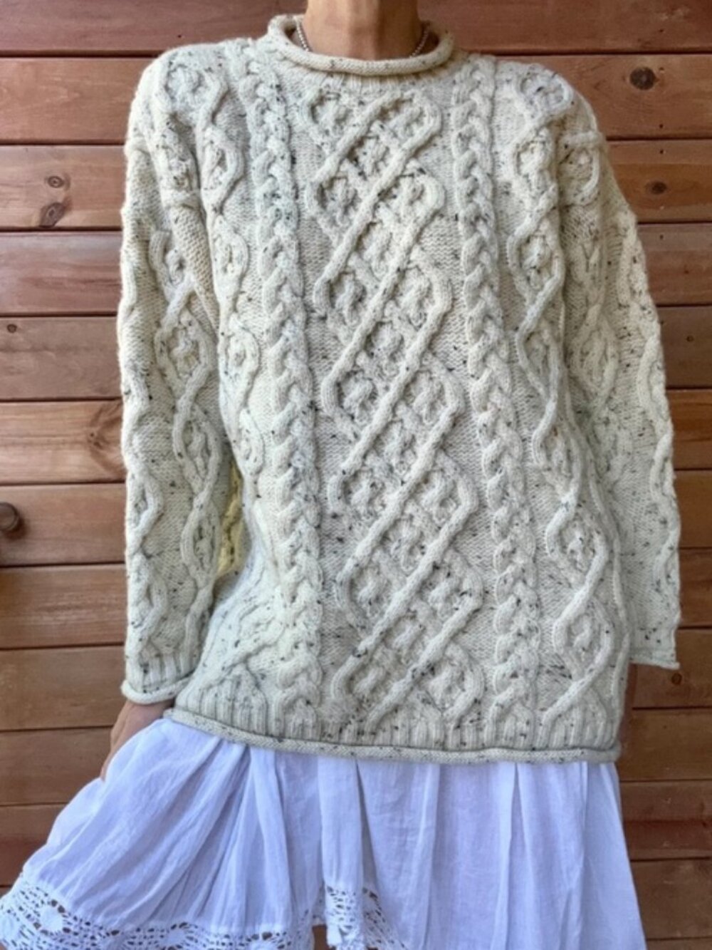 Vintage PAUL JAMES Handknit Oatmeal Aran Cable Fisherman Sweater Small